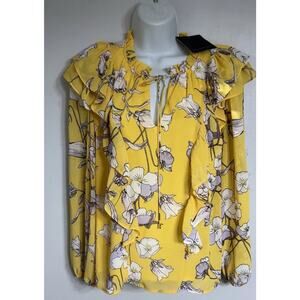 Marc New York Blouse Women’s Small Yellow Floral Long Sleeve Sheer Top NEW